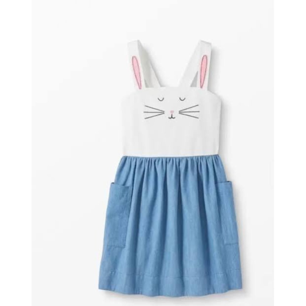 Hanna Andersson Girls Bunny Face Chambray Dress Blue White Size 120 US 6-7